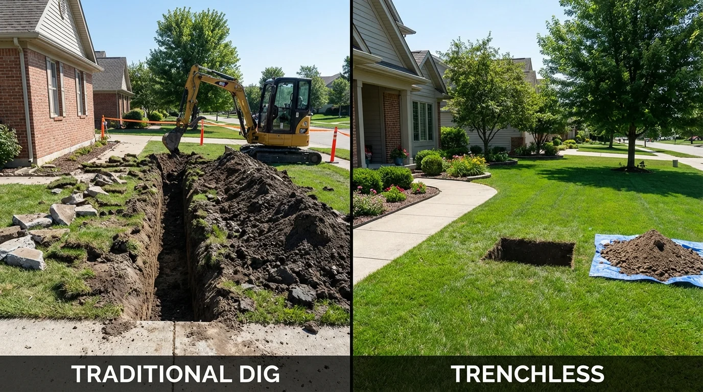 Trenchless sewer repair with minimal yard damage versus traditional excavation in Central City, KY